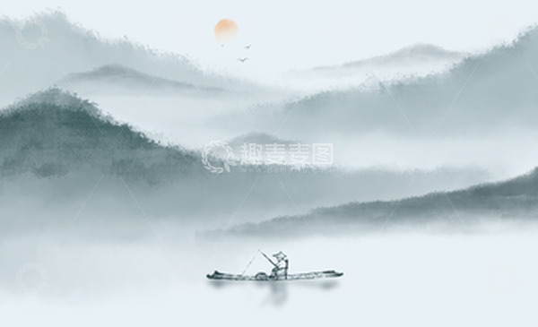 源文件下载【趣麦麦图】-手绘国风水墨画山水渔翁背景
