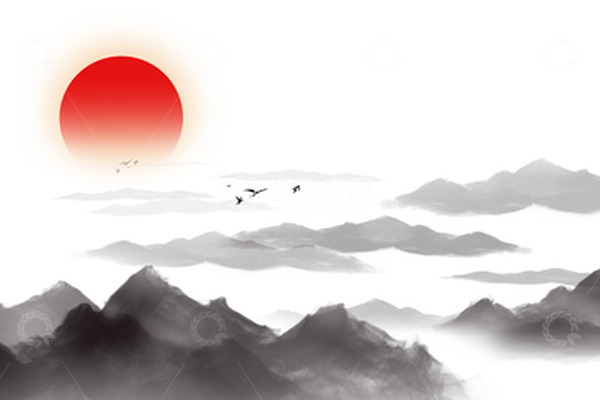源文件下载【趣麦麦图】中国风水墨山水风景落日余晖