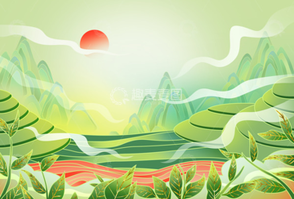 源文件下载【趣麦麦图】国潮插画茶叶茶山手绘背景