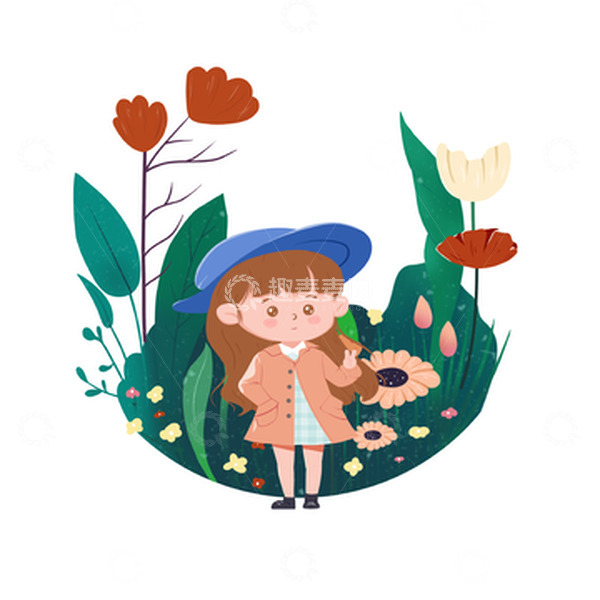 源文件下载【趣麦麦图】春天小女孩小场景植物花花草草
