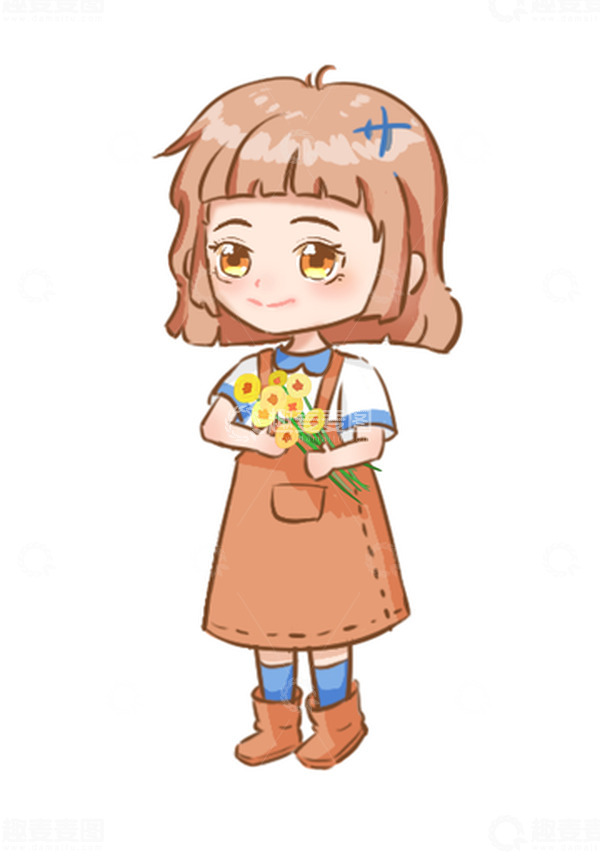 源文件下载【趣麦麦图】Q版捧花女孩橙发黄色背带裙手绘人物