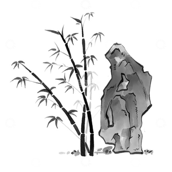 源文件下载【趣麦麦图】水墨画竹子假山手绘素材