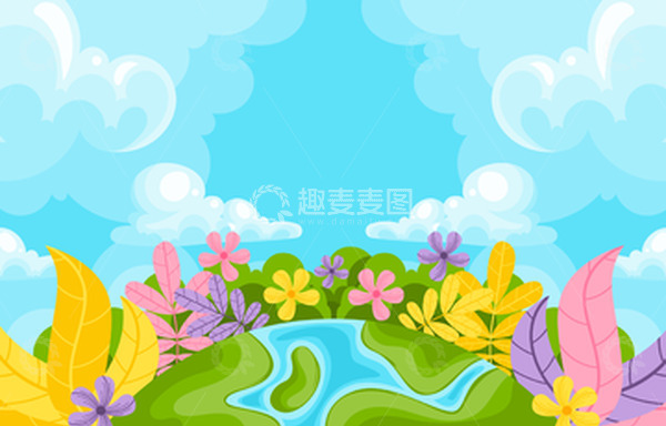 源文件下载【趣麦麦图】-春天春季地球花朵叶子蓝云白云