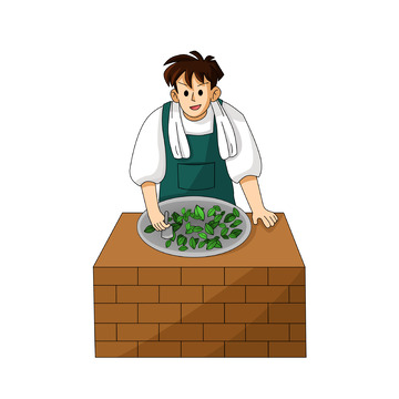 在灶台炒茶的茶工艺人物元素