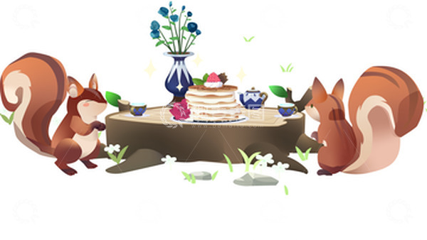 源文件下载【趣麦麦图】春天郊游茶话会松鼠蛋糕树墩茶桌茶杯