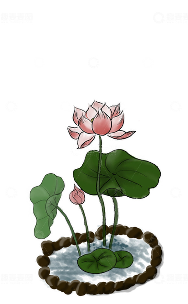 源文件下载【趣麦麦图】水墨石池荷花荷叶独秀