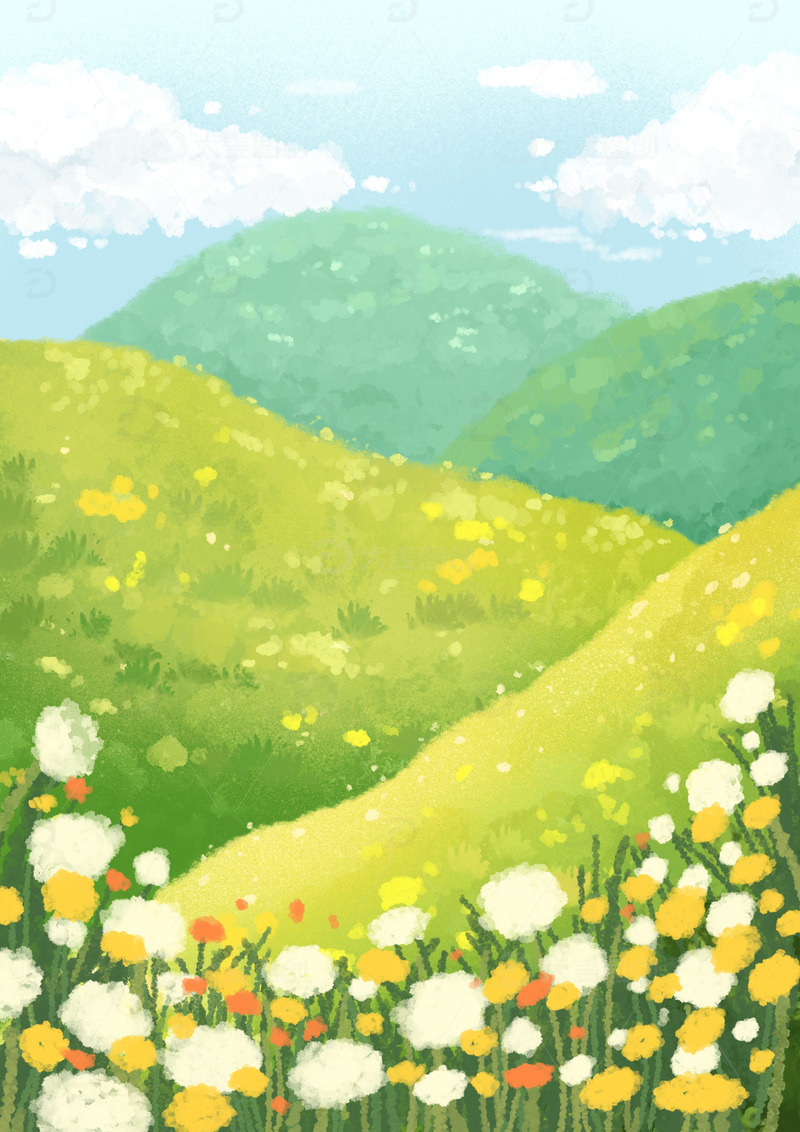 春天草地小清新郊游场景手绘背景