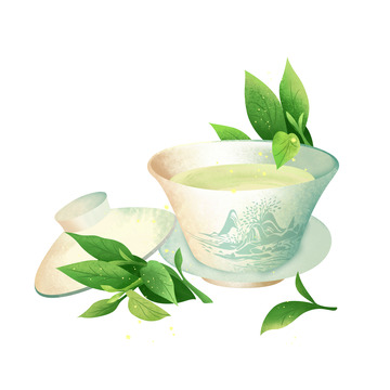 手绘绿色春茶茶杯茶盏茶叶元素