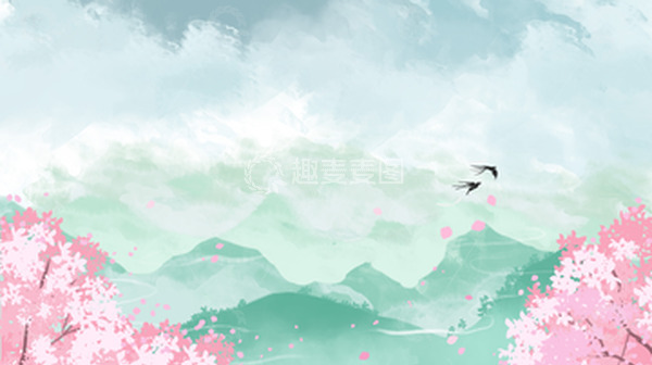 源文件下载【趣麦麦图】-水墨春天桃风景山峦