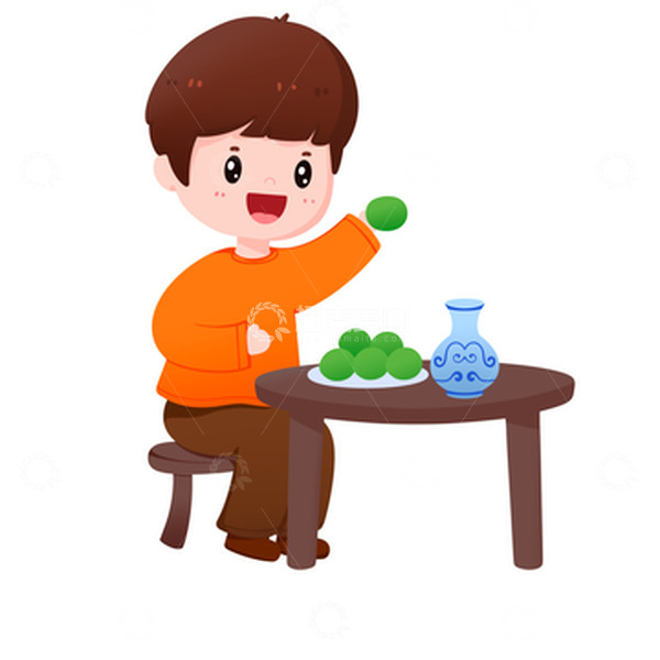源文件下载【趣麦麦图】男孩坐在餐桌上吃清明青团元素