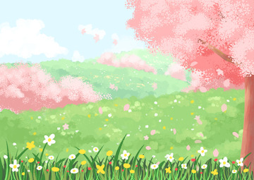 春天手绘樱花草地场景
