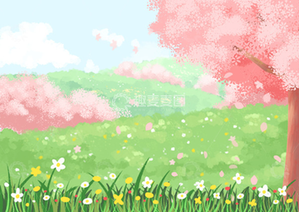 源文件下载【趣麦麦图】-春天手绘樱花草地场景