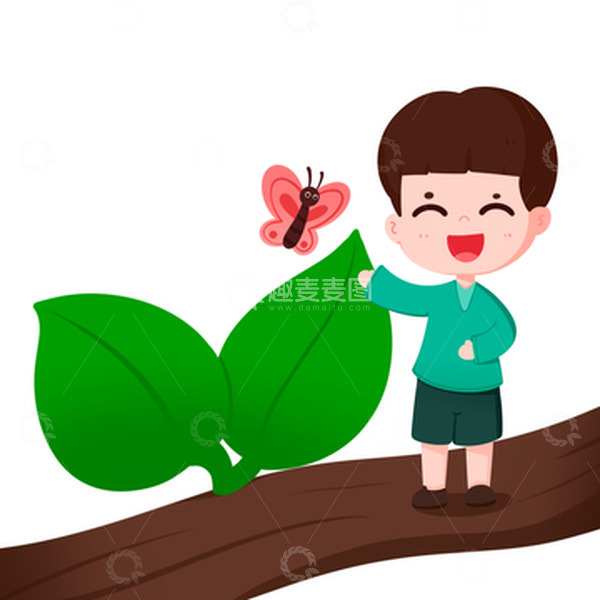 源文件下载【趣麦麦图】男孩春天在树枝上看小蝴蝶免抠元素