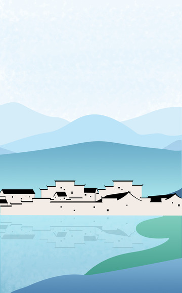 清明节 山水 古镇 江南房屋 蓝色