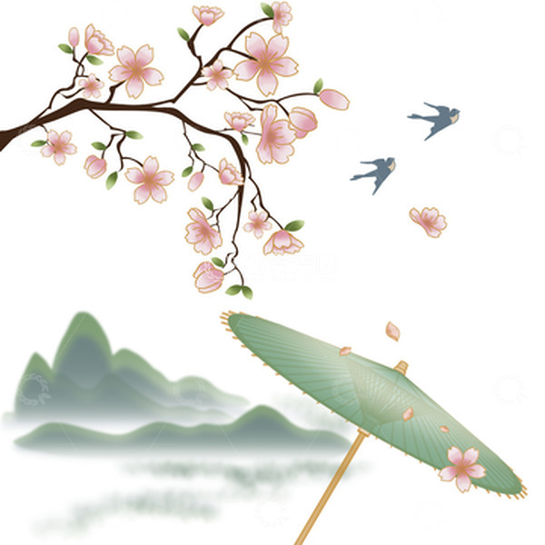 源文件下载【趣麦麦图】春分燕子樱花山油纸伞