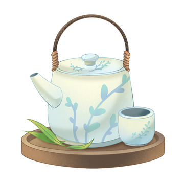 春天茶具茶杯手绘元素