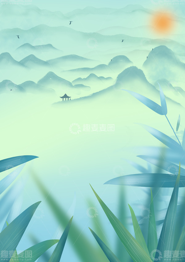 源文件下载【趣麦麦图】国潮山水淡雅青绿色竹叶节气海报背景