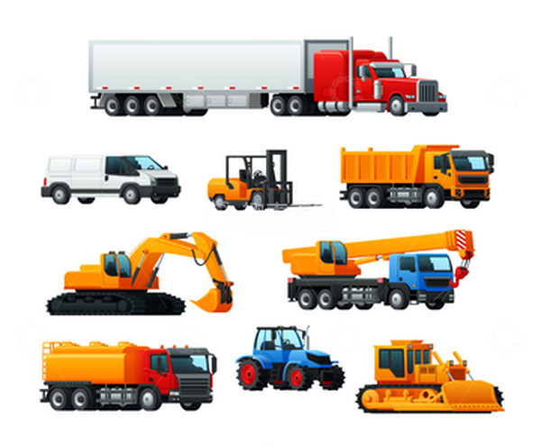 源文件下载【趣麦麦图】工业车车辆卡车吊车挖土机推土机叉车