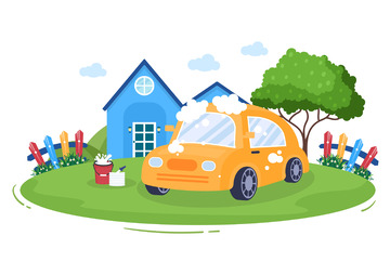 卡通汽车洗车轿车洗车场景泡沫水桶房屋草地