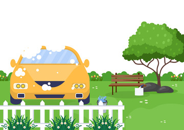 汽车轿车卡通车子洗车户外草地春天场景