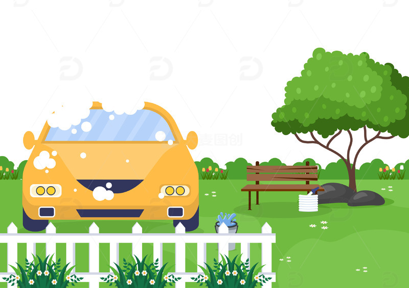 汽车轿车卡通车子洗车户外草地春天场景