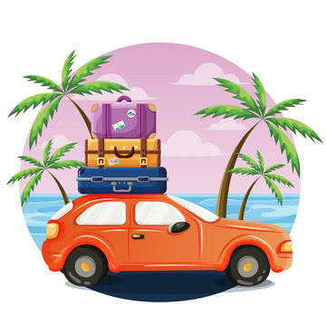 卡通汽车车辆轿车行李箱椰树旅游大海