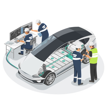 卡通汽车新能源汽车制造工程师设计交谈