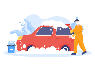 卡通车子汽车轿车洗车水桶泡沫洗车人物