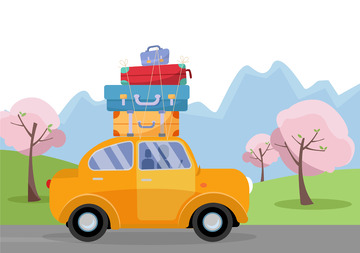 卡通汽车轿车行李箱草地树木春天自驾游