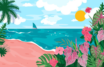 海边沙滩绿叶蓝天白云度假场景