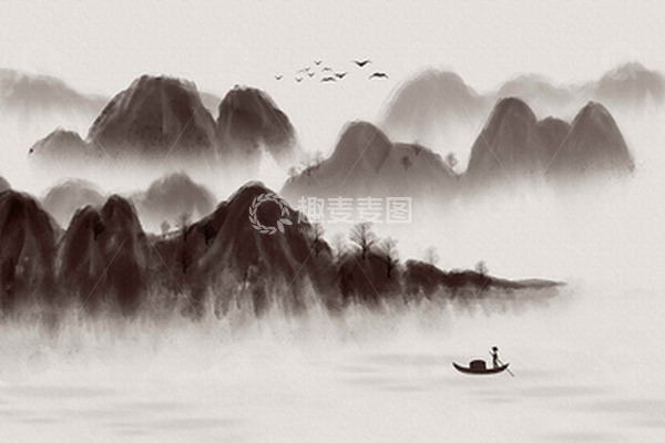源文件下载【趣麦麦图】-水墨山水画黑白色