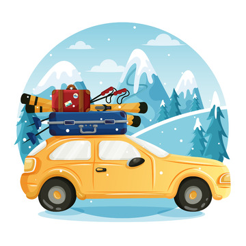 卡通汽车轿车小车行李箱冬天雪花雪地旅游