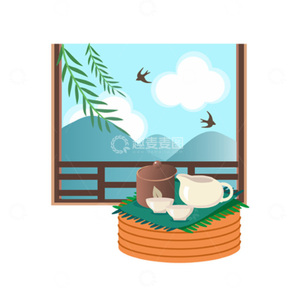 源文件下载【趣麦麦图】春茶节场景柳叶茶杯茶具茶叶泡茶山水