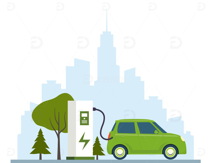 源文件下载【趣麦麦图】卡通汽车新能源充电充电桩绿色环保城市剪影