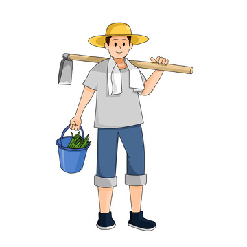 背锄头拿秧苗去播种春耕的农夫