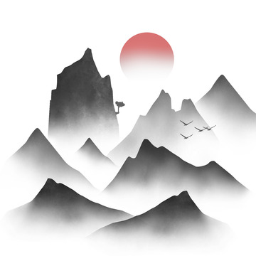 水墨山水山川河流日出元素