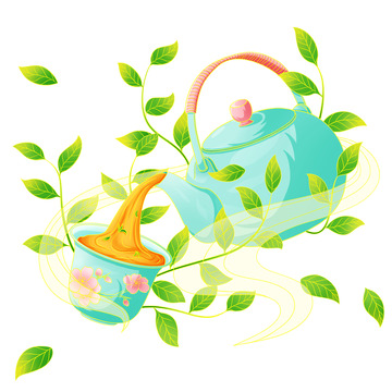 绿色茶壶倒茶水茶叶漂浮国潮手绘插画元素