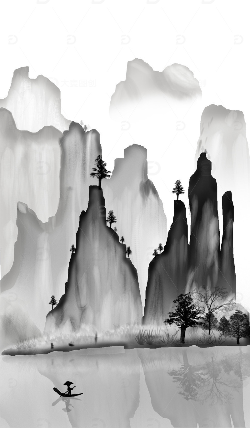 源文件下载【趣麦麦图】古风水墨山水画