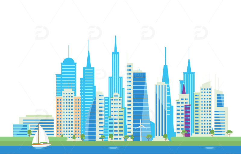 源文件下载【趣麦麦图】城市帆船卡通房屋大厦城市建筑城市剪影