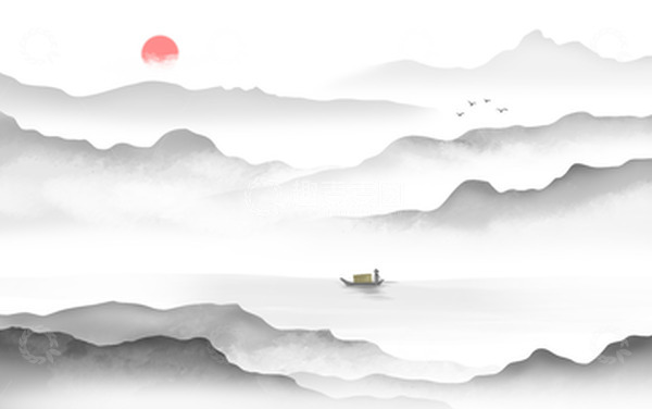 源文件下载【趣麦麦图】-中国风水墨画山水背景群山云雾缭绕小舟