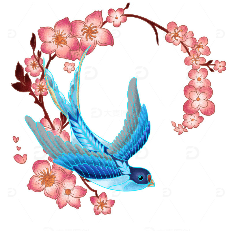源文件下载【趣麦麦图】燕子，梅花，国风,燕子,插画