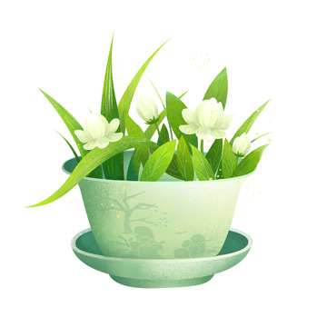 绿色春茶茉莉花茶杯茶盏手绘插画元素