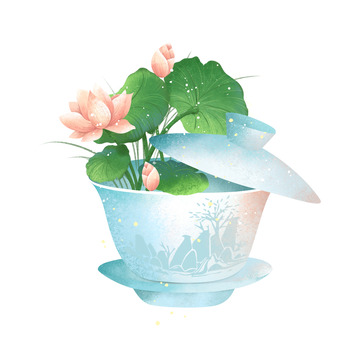 春茶荷花茶茶杯茶盏手绘插画元素