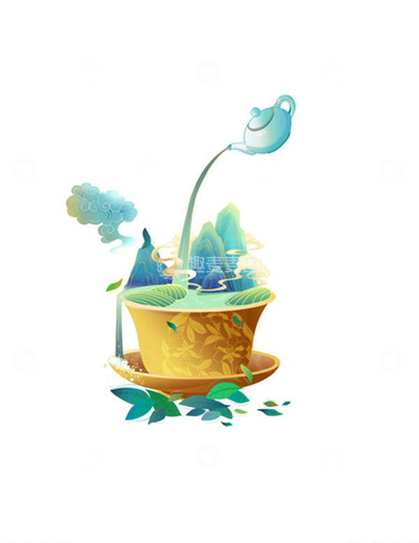 源文件下载【趣麦麦图】绿色春茶杯茶盏手绘插画元素