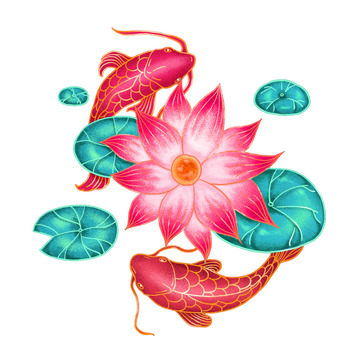 鲤鱼，荷花，荷叶