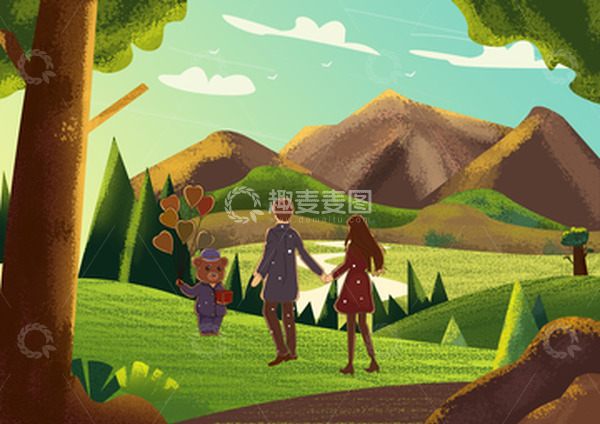源文件下载【趣麦麦图】情侣出行春游绿色