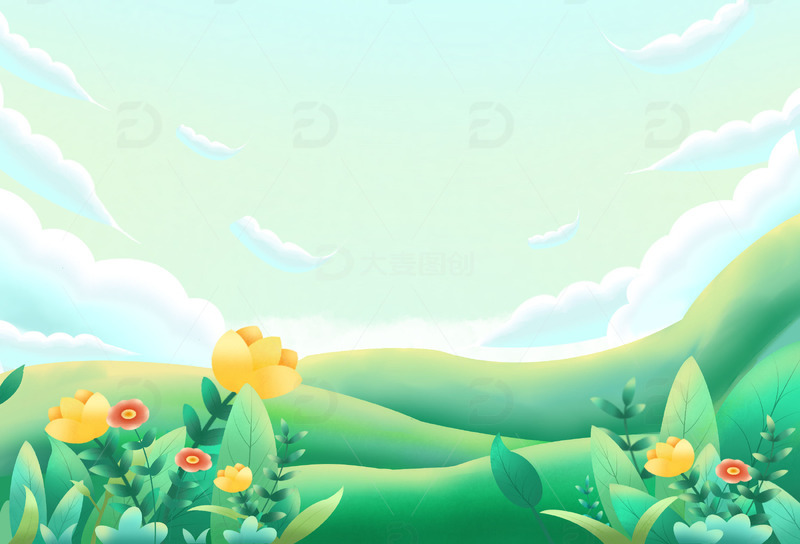 春季踏春花草手绘插画背景