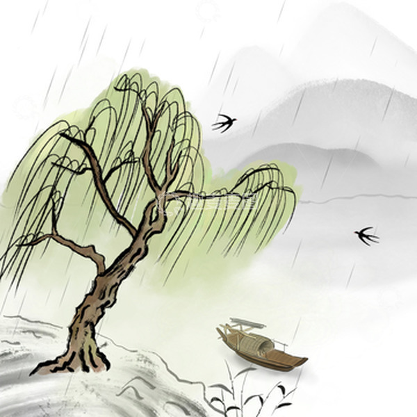 源文件下载【趣麦麦图】水墨柳树渔船燕子山水下雨烟雨朦胧