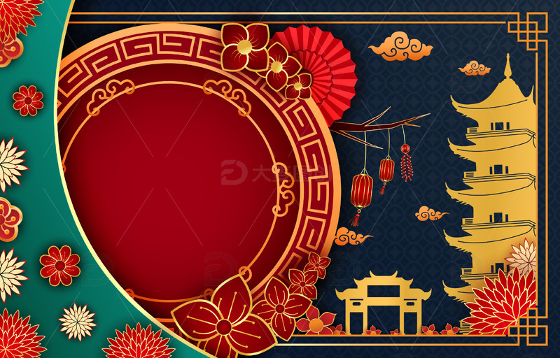 源文件下载【趣麦麦图】复古中式中国风梅花灯笼剪纸塔祥云喜庆春节