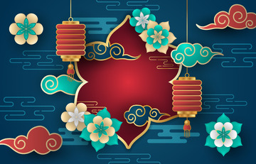 复古中式中国风剪纸花朵灯笼喜庆春节节日